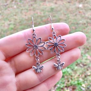 Silver Flower and Bee Dangle Earrings